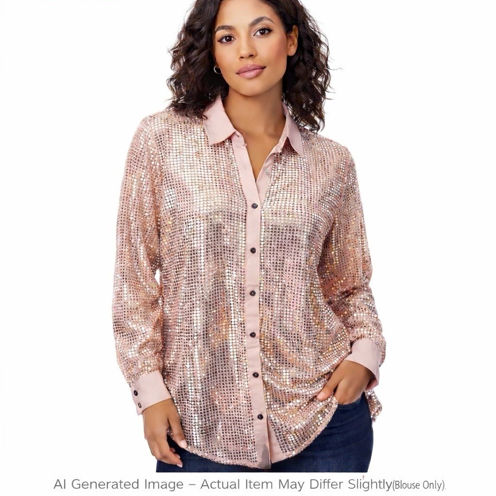 Pilcro Anthropologie Sequin Mesh Shirt 1X Blush‎ Sheer Button Front Plus Size